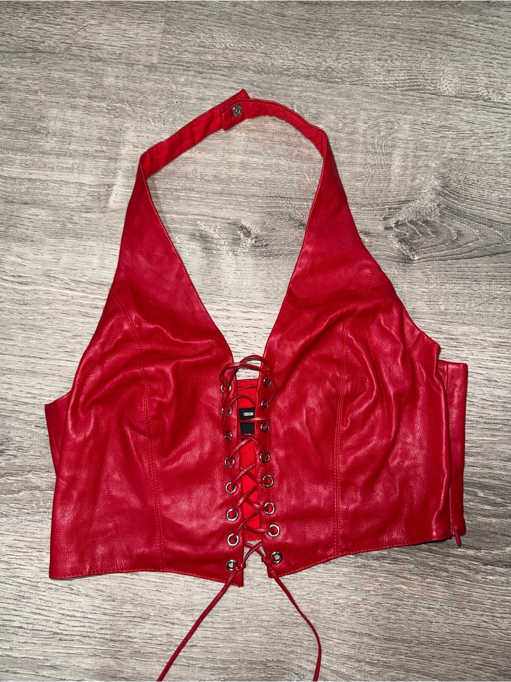 ASOS Red Faux Leather Lace-Up Halter Crop Top